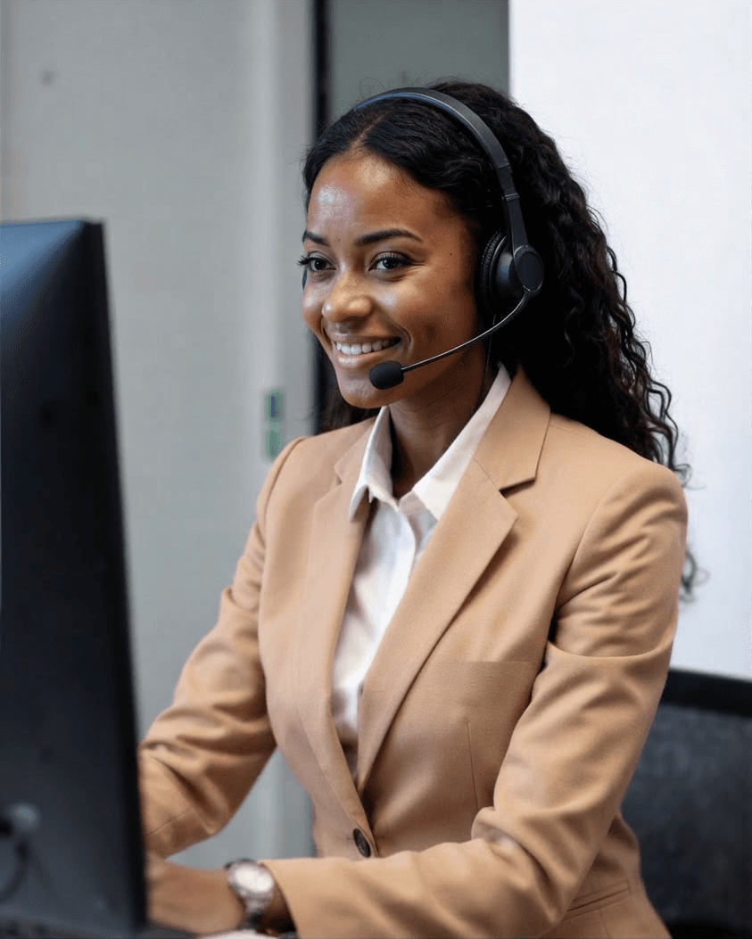 Bazara enterprise support specialist wearing a headset at her desk